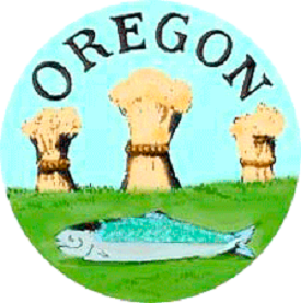 Drawing of 3 wheat sheaves with a fish lying below them on a grassy bank. The word "Oregon" arches over the top.