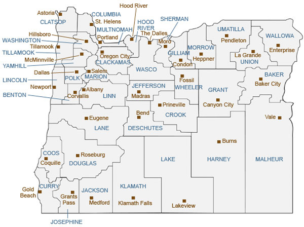Map of oregon with each county seat noted.