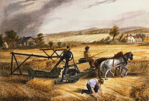 Painting of 2 men in a field. 1 man picks up armfulls of wheat while the other rides a piece of farm equipment pulled by horses.