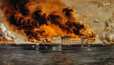 Painting of Fort Sumter on fire and burning. Streaks through the sky represent artillery fire raining down.