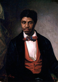 Painting of Dred Scott in a suit and bowtie with a bright red vest.