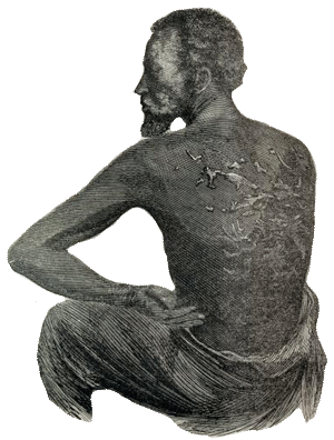 Drawing of a black man with scars on his back from lashes.