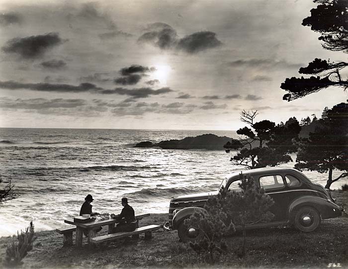 Two people sit at a picnic table by the ocean. Their car is parked nearby.