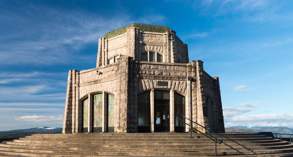 Vista House is an octagonal building on a hill top 733 feet above the river.