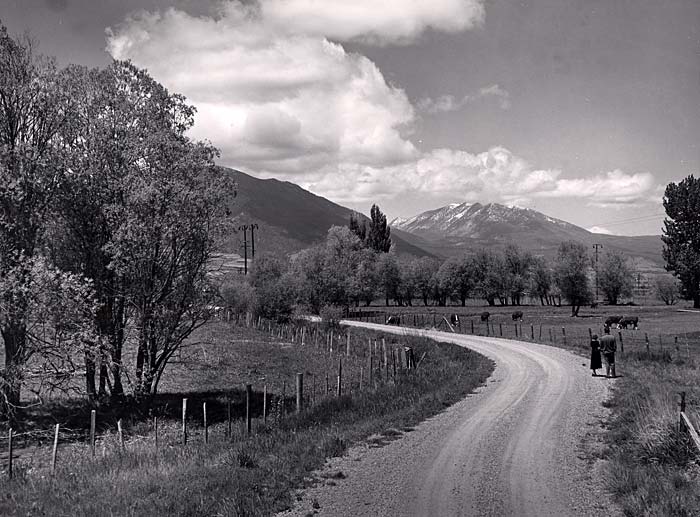 Rural winding road with farm land on each side and mountains in the distance.