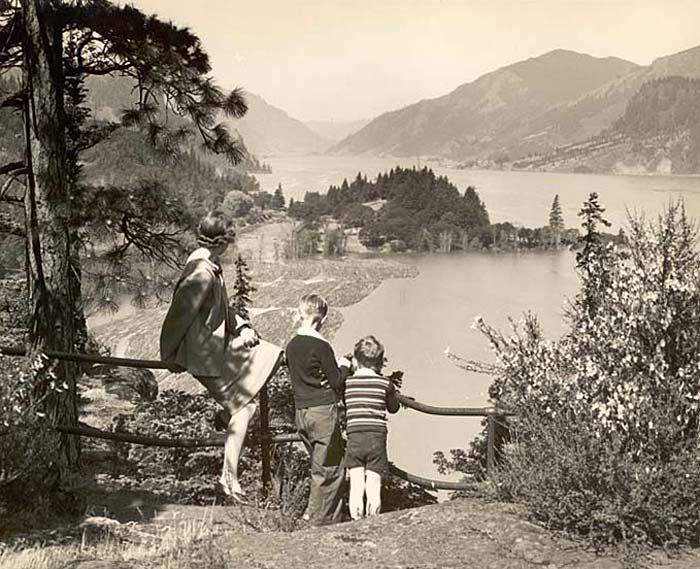 A woman and two young boys look out over a wooden railing at a panoramic view of the Columbia River.