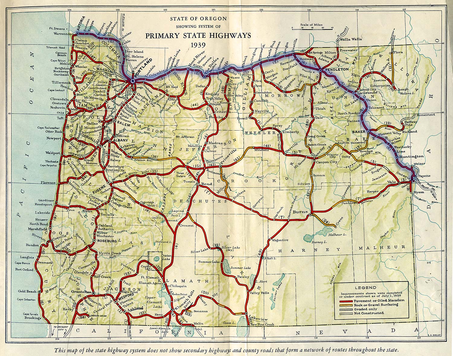 State of ORegon map from 1939 showing primary state highways