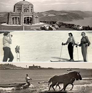Collage of 3 images: vista house in the columbia gorge, 3 women skiing, horse pulling a net in a river with a man holding reins.