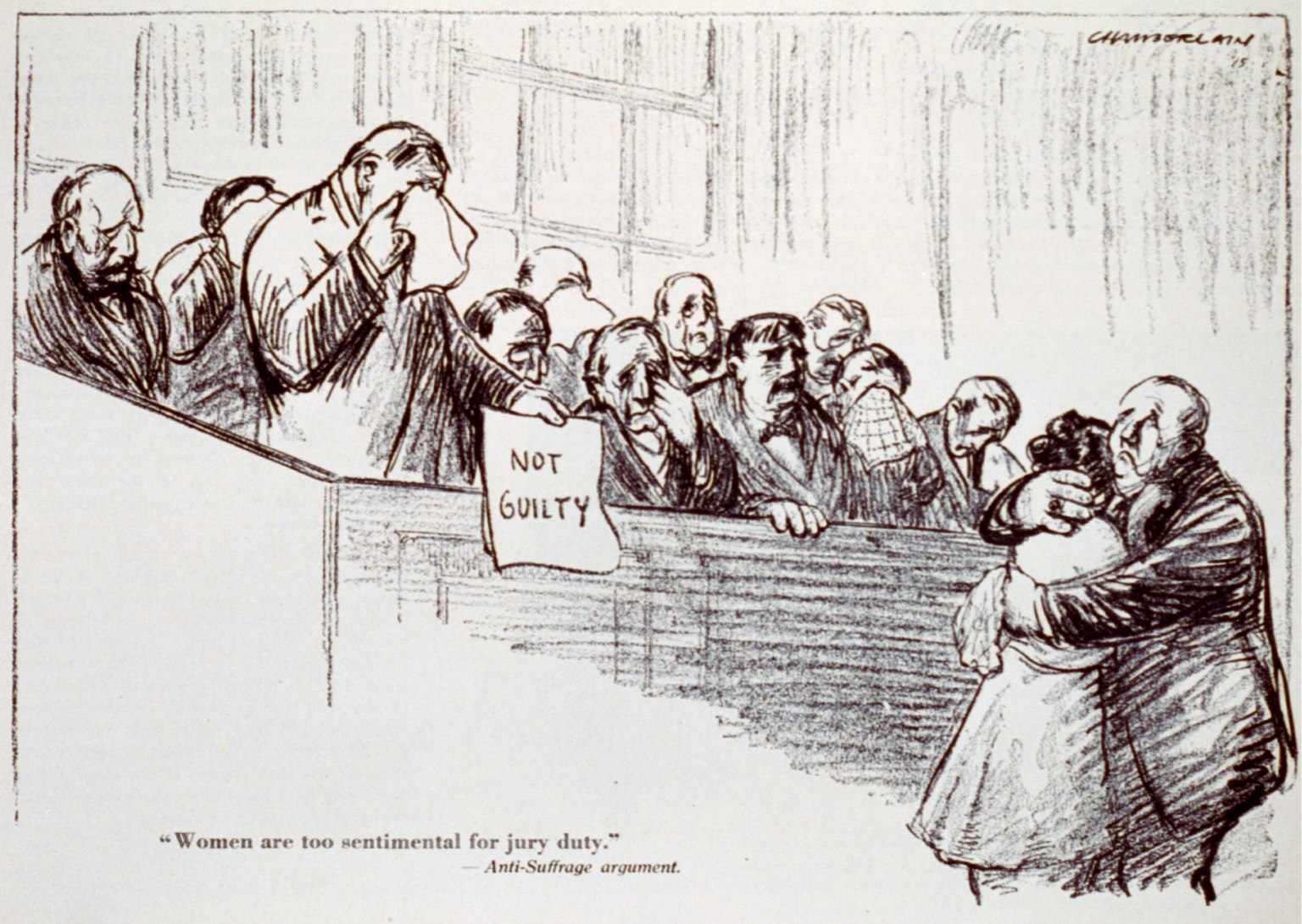 A cartoon shows a woman crying into a man’s shoulder while standing before a jury box full of men.