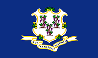 Connecticut flag has a ribbon with the state motto and the state seal which shows 3 grape vines supported and bearing fruit. The background is blue.