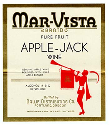 Silhouette of person blowing horn with a banner hangind down. Above reads "Mar-Vista brand pure fruit Apple-Jack Wine."