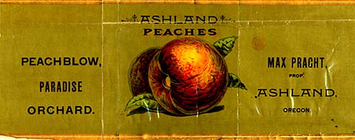 Drawing of peach resting on leaf. Words read "Ashland Peaches, Peachblow, Paradise Orchard, Ashland, Oregon, Max Pracht Prop."