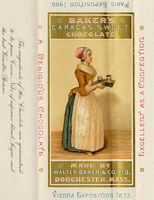 Drawing of woman in 19th century dress holding tray with food and beverage. Reads "Baker's Caracas Sweet Chocolate" 