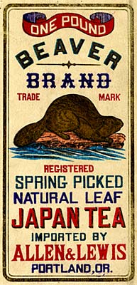 Drawing of beaver on a log with water under. "One Pound Beaver Brand trade mark registered spring picked natural leaf tea"
