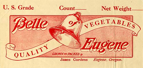 Drawing of ringing bell with ribbon behind. Ribbon reads "Quality Vegetables" and "Bell Eugene" around image.