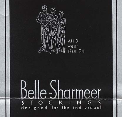 Line drawing of 3 women showing stockings. Reads: "All 3 wear size 9 1/2 Bell-Sharmeer Stockings designed for the individual"