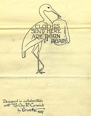 Drawing of a stork holding a coat on a hanger. Reads "Clothes sent here are born again."