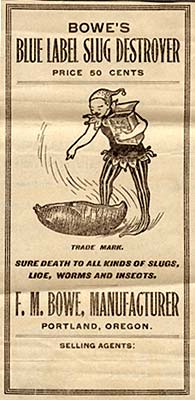 Drawing of an elf-like figure with a box of Blue Label Slug Destroyer stands over a slug almost larger than he is and points.