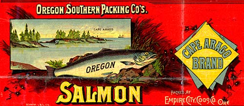 Drawing of salmon with drawing of cape arago in background. The cape has pieces of land with trees surrounded by ocean.