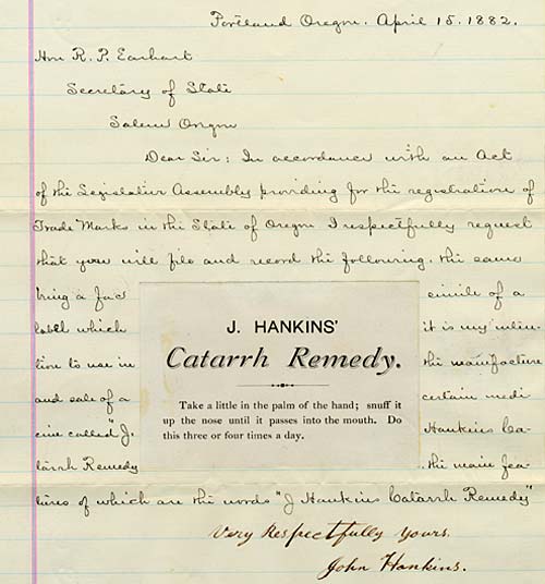 Catarrh Remedy with letter dated April 15, 1882