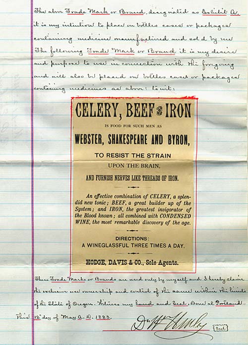Celery, Beef and Iron label with hand written letter asking for trade mark registration.