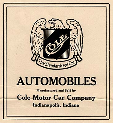 An eagle with wings outstretched surrounding a shield with "Cole" name. Below: "The standardized car"