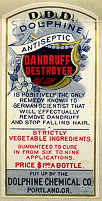 Shield in center with flowers on side reads "Dophine Antiseptic Dandruff destroyer"