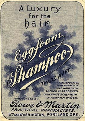 Label in fancy script reads "Eggfoam Shampoo a luxury for the hair. Compounded by Rowe & Martin Practical Pharmacists"