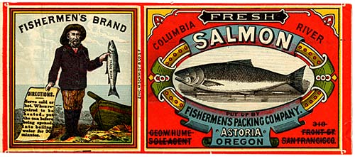 Drawing of fisherman holding a salmon in 1 hand and list of directions in other on left. Drawing of salmon on right. 