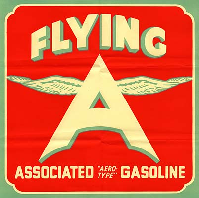 Label for "Flying A" has letter A in center with wings attached at top. Below reads "Associated Aero-type Gasoline"