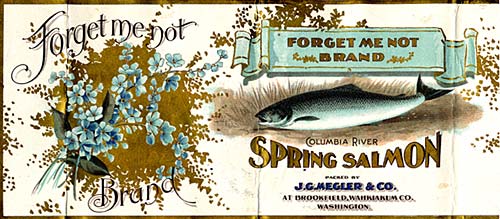 Drawing of blue "Forget me not" flowers on left. On right the drawing of a salmon. Reads "Forget me not brand salmon"