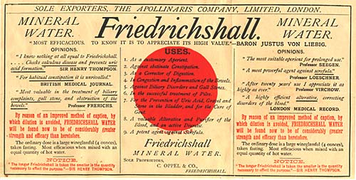 Friedrichshall mineral water label lists testimonials from British medical journal, london medical record & personal testimonials
