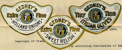 3 badges with different Gedney products: Extra fine Holland Onions, Extra Fine Sweet Relish, Tiny Tins Italian Olives
