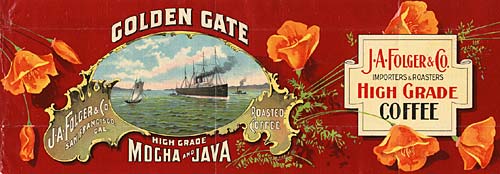 Drawing of ships on the water in center. Reads "Golden Gate High Grade Mocha and Java" 
