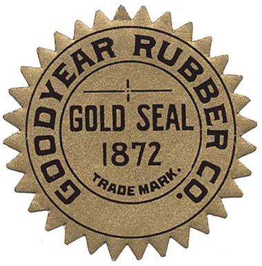 Gold seal with notched edges reads "Goodyear Rubber Co." around a circle with "Gold Seal 1872" in center