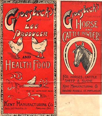 Label with drawings of chicken & horse. Reads "Groesbeck's egg producter and health food." Other side: "Horse and cattle powder"