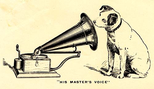 Drawing of Nipper the terrier listening to a gramaphone with "His Master's Voice" below