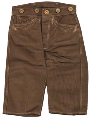 Photo of brown half-leg-length pants with rivets around waste line.