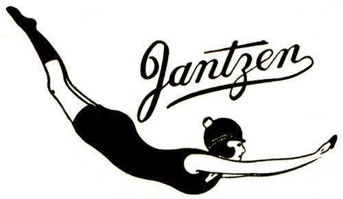 Drawing of woman swimmer diving with the word "Jantzen" in fancy script above.