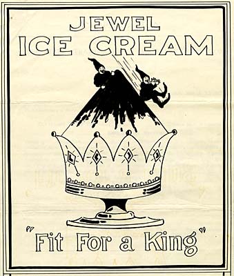Drawing of jeweled dish containing ice cream. 2 gnome like creatures slide down the side. Reads "Jewel Ice Cream Fit for a king"