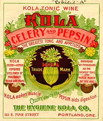 Drawing of celery bunch in center with words "Kola Tonic Wine, Celery and Pepsin, the greatest tonic and appetizer" above. 