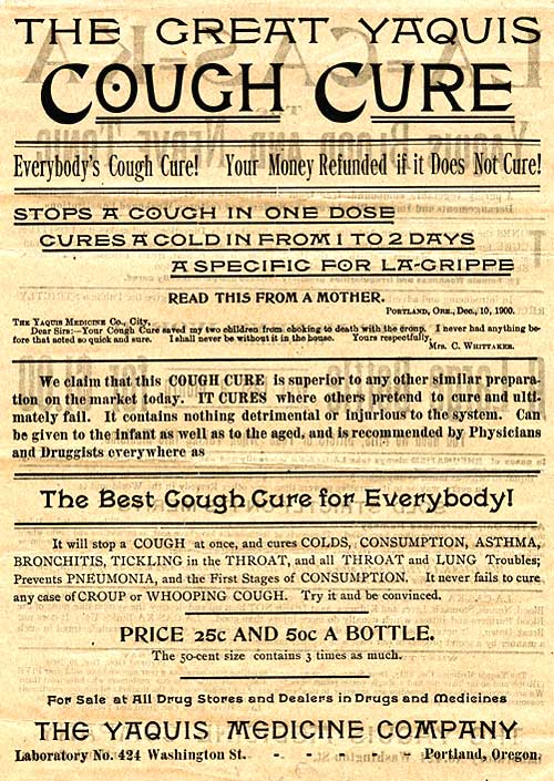 Label for The Great Cough Cure consists of claims to cure everybody and be superior to all other preparations on the market.