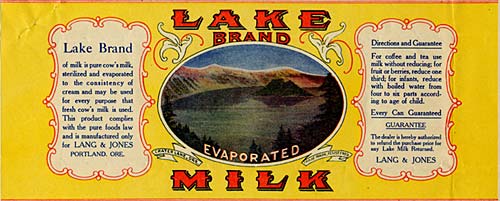Drawing of Crater Lake with Wizard Island in the center. Reads "Lake Brand Evaporated Milk"