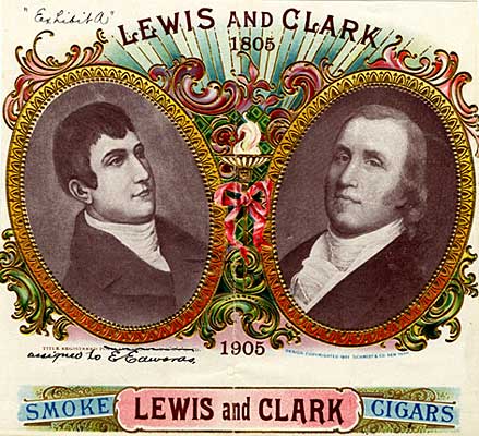 Drawn portraits of Meriwether Lewis & William Clark inside oval frames. A banner below reads "Smoke Lewis and Clark Cigars"