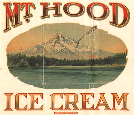 Drawing of Mt. Hood with a giant spoon sticking out one side. Reads "Mt. Hood Ice Cream"