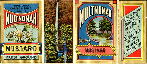 Drawing of Multnomah falls in center, daisies on left, trees and pond on right. "Multnomah Mustard Fresh Ground"