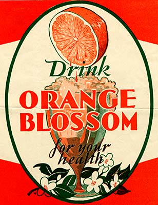 Drawing of thin stem glass with wide mouth full of frothy liquid. Reads "Drink Orange Blossom for your health"
