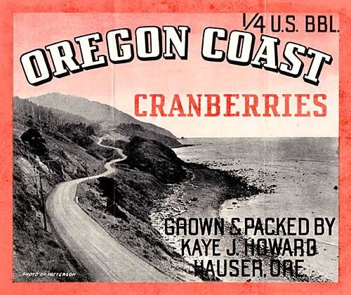 Black and white image of winding road along oregon coast. Reads "Oregon Coast Cranberries"