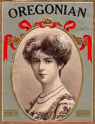 Drawing of sophisticated lady wearing pearls in an oval frame. The top reads "Oregonian."