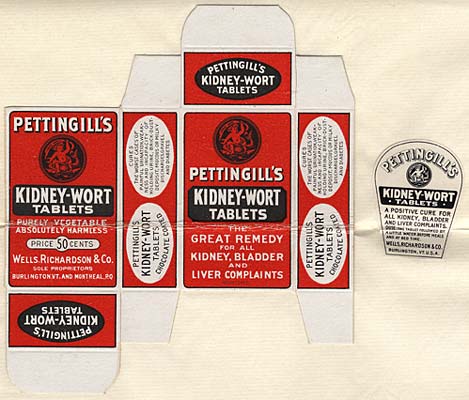Flattened box of Pettingill's Kidney-wort tablets shows branding: "Great remedy for all kidney, bladder and liver complaints"